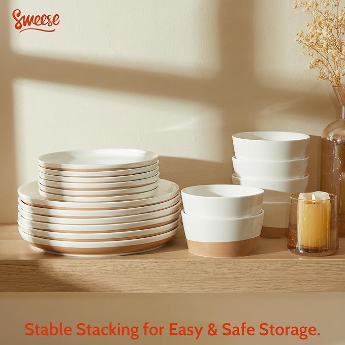Sweese 18 Pieces Porcelain Dinnerware Set Modern Dish Set for 6 Hand Painted Kitchen Plates and Bowls Sets Scratch Resistant Dishware Sets Dishwasher &amp Microwave &amp Oven Safe Dinner Set Br
