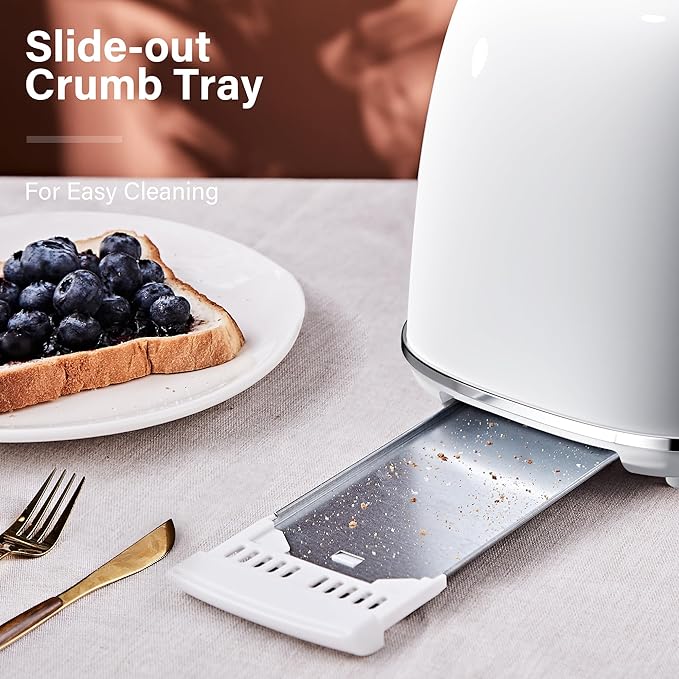 Roter Mond 2 Slice Toaster Retro Stainless Steel with Bagel Cancel and Defrost Functions 6 Bread Shade Settings Extra Wide Slots and Removable Crumb Tray White