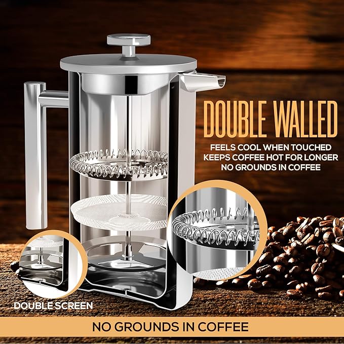 Utopia Kitchen 304 Grade Stainless Steel French Press Coffee Maker 34 Oz Double Wall Insulated Coffee Press with 4-Level Filtration System Include 2 Extra Filters Rust-Free Dishwasher Safe Silver