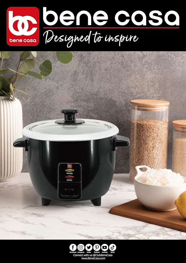 Bene Casa Rice Cooker Black Cook 2-12 Cups of Cooked Rice And Food Steamer