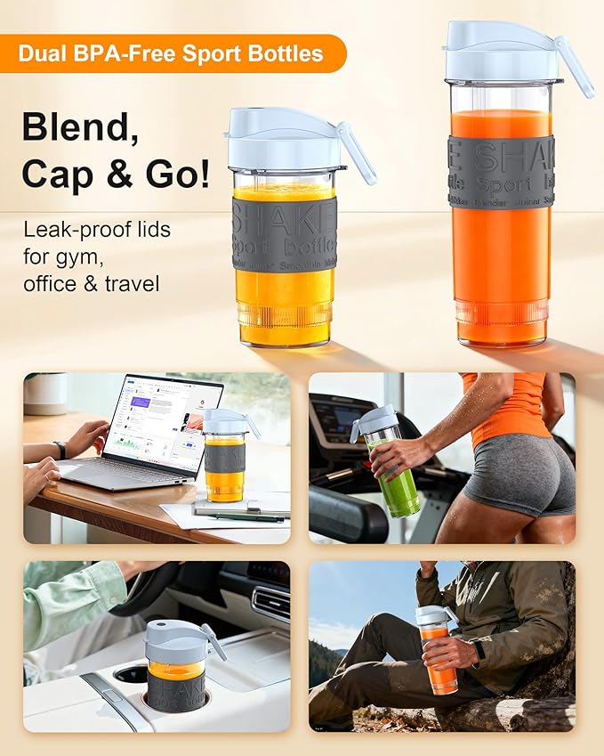 Smoothie Blender 650W Personal Blenders for Shakes and Smoothies with Grinder Cup &amp 2 BPA-Free Portable Cups (20oz+14oz) Portable Blender for Juices Smoothies Maker for Kitchen Blue