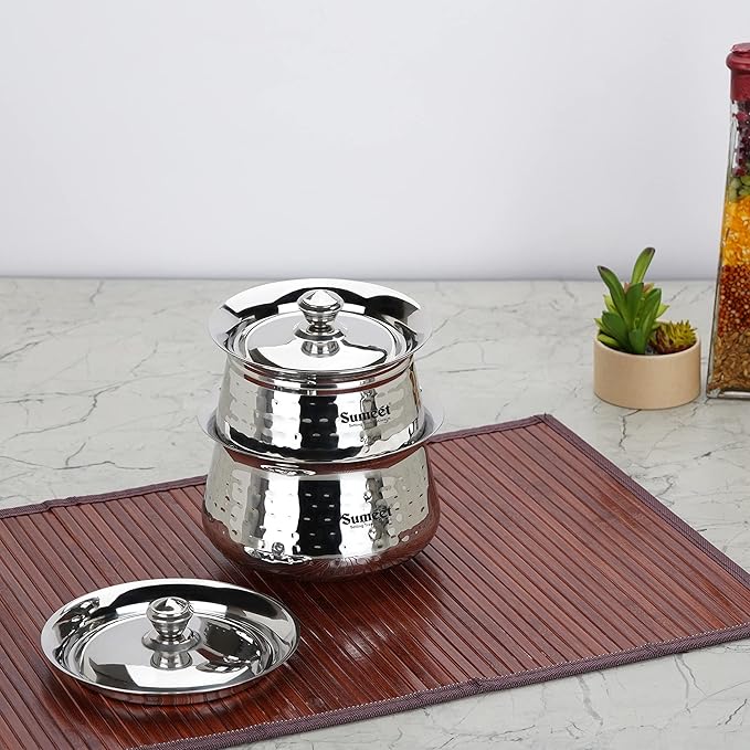 Sumeet Stainless Steel Handcrafted Hammered Texture Handi Set with Lid for Kitchen Set of 2 460ml &amp 650ml Silver