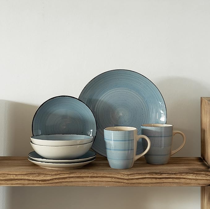 16 PC Spin Wash Dinnerware Dish Set for 4 Person | Mugs Salad and Dinner Plates and Bowls Sets Stylish Dishes with Highly Chip and Crack Resistant Dishwasher and Microwave Safe Blue. QI004502.BL