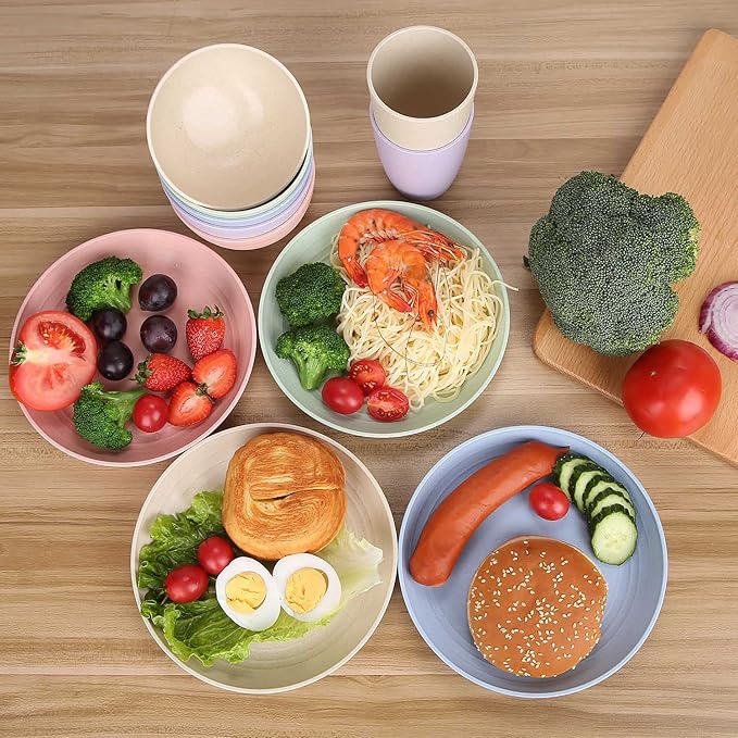 LuckyZone Wheat Straw Dinnerware Sets for 4 (Reusable Plates Bowls &amp Cups) - Lightweight Unbreakable Dinner Camping Dishes - Dishwasher &amp Microwave Safe Eco Friendly(12Pcs/Beige)