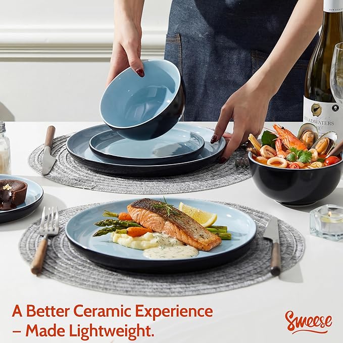 Sweese Porcelain Dinnerware Set of 6 Lightweight Round Plates and Bowls Set - Dishwasher Microwave Oven Safe Scratch Resistant Dinner Sets Kitchen Dishes Set Black &amp Blue