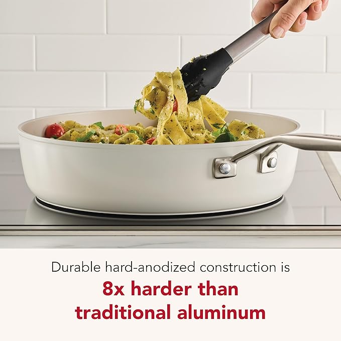 KitchenAid Hard Anodized Ceramic Induction Pots and Pans Dishwasher Safe Includes Saucepans Stockpot Sauté Pan Frying Pans/Skillets and Lids 10 Piece Cookware Set - Porcelain White