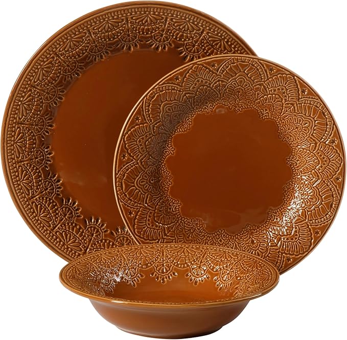 Retro Lace Ceramic Dinnerware Set 12-Piece Embossed Pattern Caramel Glaze Microwave &amp Dishwasher Safe for Daily Dining &amp Holiday Gatherings Includes Dinner &amp Salad Plates Bowls