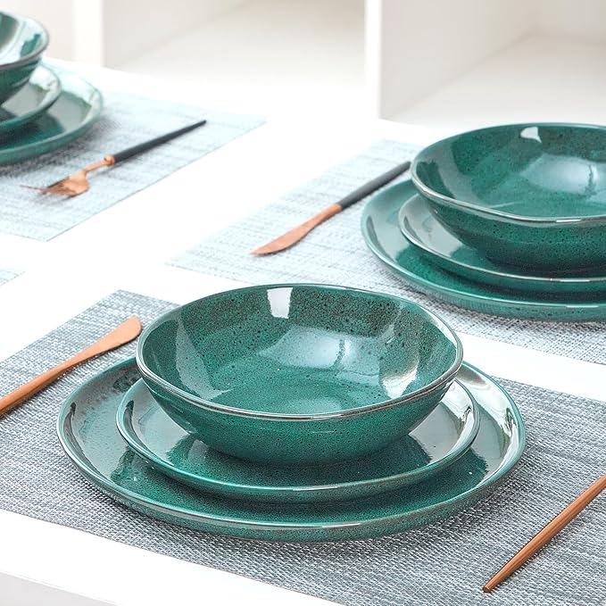 Bestone 12 Pieces Round Kitchen Dinnerware SetsPlates and Bowls SetsDishes Plates Bowls Dish Set Chip Resistant Ceramic Dinnerware Set Dishwasher/Microwave SafeService for 4Ceylon Green