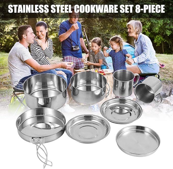 DNCG Steel Cookware Set 8 Steel Pots and Pans Stainless Steel Non-Stick Induction Pan Set with Touch Handles for Outdoor Kitchen and Traveling