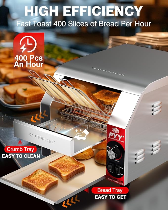 PYY Commercial Conveyor Toaster - 400 Slices/Hour 1800W Electric Industrial Belt Toasters Oven Heavy Duty Stainless Steel Toaster for Bun Bagel Bread Waffle Restaurant Catering