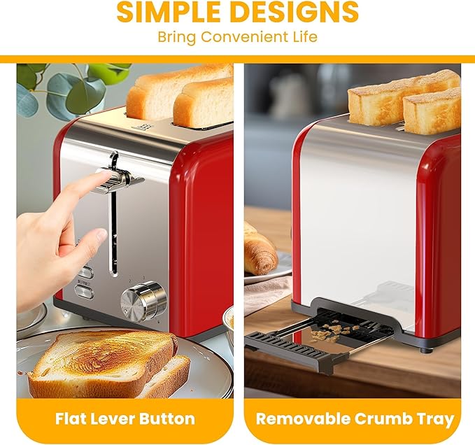 Simple Deluxe 2-Slice Toaster 6 Browning Setting and 3 Function Stainless Steel Toaster Extra Wide Slot &amp Removable Crumb Tray for Bread &amp Waffle Red