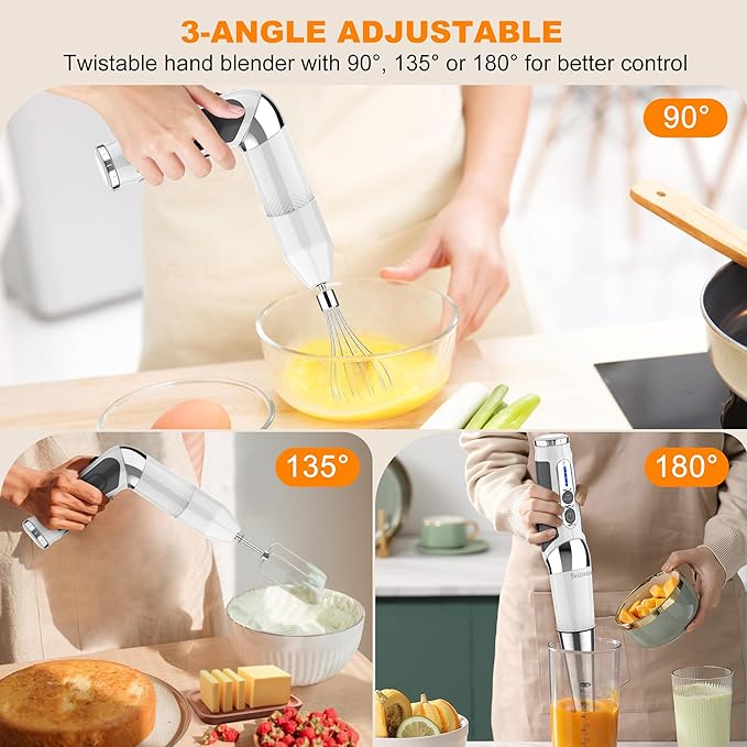 Cordless Immersion Blender: 4-in-1 Rechargeable Cordless Hand Blender 21-Speed &amp 3-Angle Adjustable with Chopper Beaker Whisk Beater for Milkshakes | Smoothies | Soup Baby Food (White)