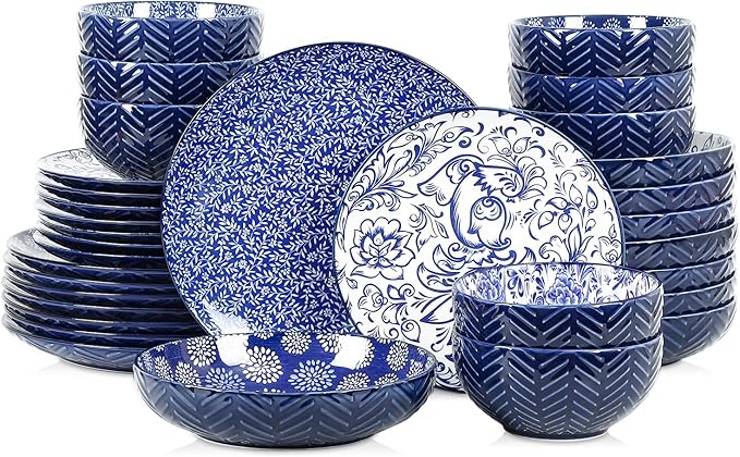 Selamica Ceramic Plates and Bowls Sets 32 Pieces Dinnerware Sets for 8 Scratch Resistant Embossed Dishes Set for Family Gatherings Dishwasher &amp Microwave Safe Dark Blue