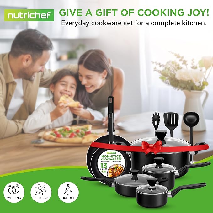 NutriChef 13-Piece Nonstick Cookware - Heat Resistant Kitchen Ware Set w/Saucepan Frying Pans Cooking Pots Casserole Lids Ladle Fork Strainer - NCCWA13 Black
