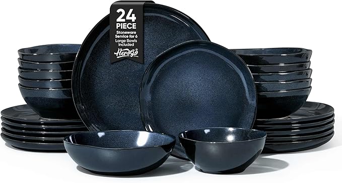 Herogo Stoneware Dinnerware Sets for 6 24 Piece Ceramic Dinner Dishes Set Irregular Handmade Plates and Bowls Dishware Crack and Scratch Resistant Starry Blue