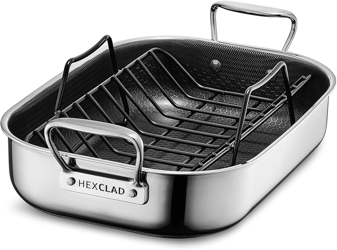 HexClad Hybrid Nonstick Small Roasting Pan with Rack Dishwasher-Friendly Oven-Safe Up to 900°F Compatible with All Cooktops