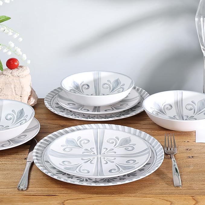 Melamine Dinnerware Set12pcs Embossed Plates and Bowls Sets Plastic Dinnerware Dishes Set for 4 Lightweight Unbreakable Dishwasher SafeWhite&ampGrey
