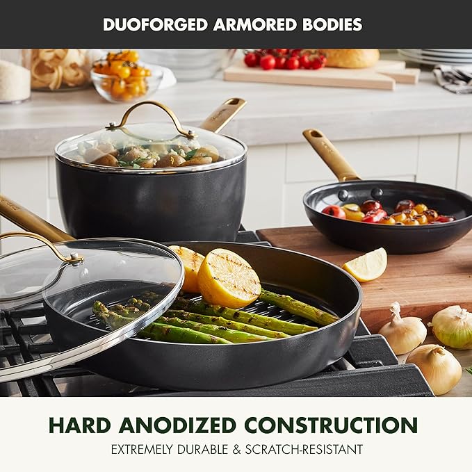 GreenPan Hard Anodized Healthy Ceramic Nonstick 16 Piece Cookware Pots and Pans Set Gold Handle PFAS-Free Dishwasher Safe Oven Safe Black