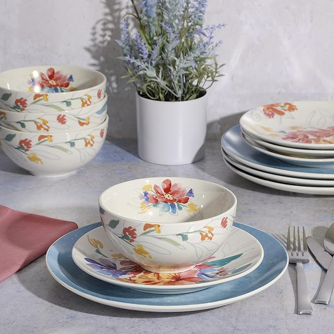 Spice by Tia Mowry Goji Blossom Decorated Porcelain Chip and Scratch Resistant Dinnerware Set Blue 12-Piece