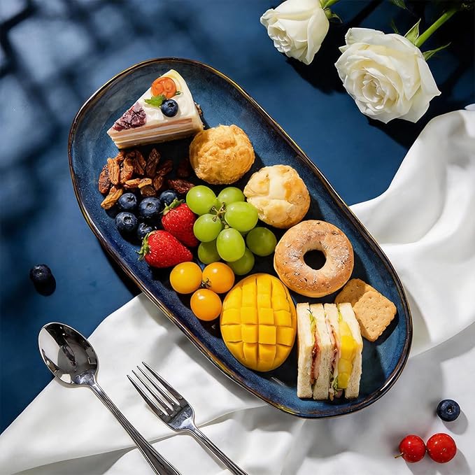 Organic Shape Highland Ceramic Serving Tray 12pcs 13×7inch Handmade Reactive Glaze Stoneware Tray with Wavy Edge for Kitchen Microwave &amp Dishwasher Safe Scratch Resistant-Blue