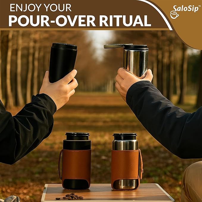 4-in-1 Portable Manual Pour Over Coffee Maker with Grinder – Travel &amp Camping Pour Over Set – All-in-One Portable Coffee Brewer Kit with Stainless Steel Kettle Thermal Mug &amp Dripper