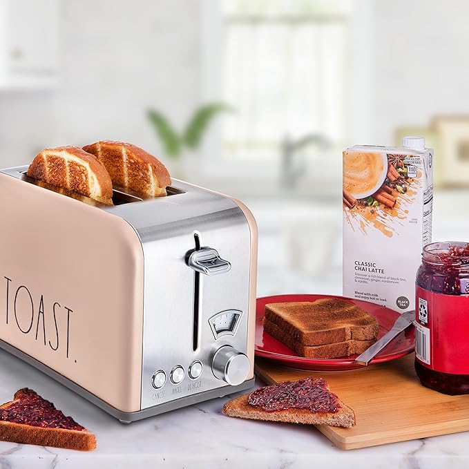 Rae Dunn Toaster Stainless Steel 2 Slice Square Toaster Wide Slot with 5 Browning Levels with Bagel Defrost and Cancel Options (Blush)