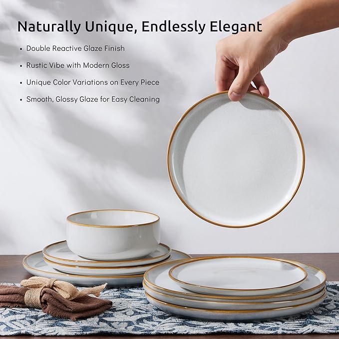 E-far Plates and Bowls Set for 4 12-Piece Stoneware Dinnerware Sets Ceramic Dinning Ware Reactive Glaze Dishes Set Microwave &amp Dishwasher Safe - Seashell White
