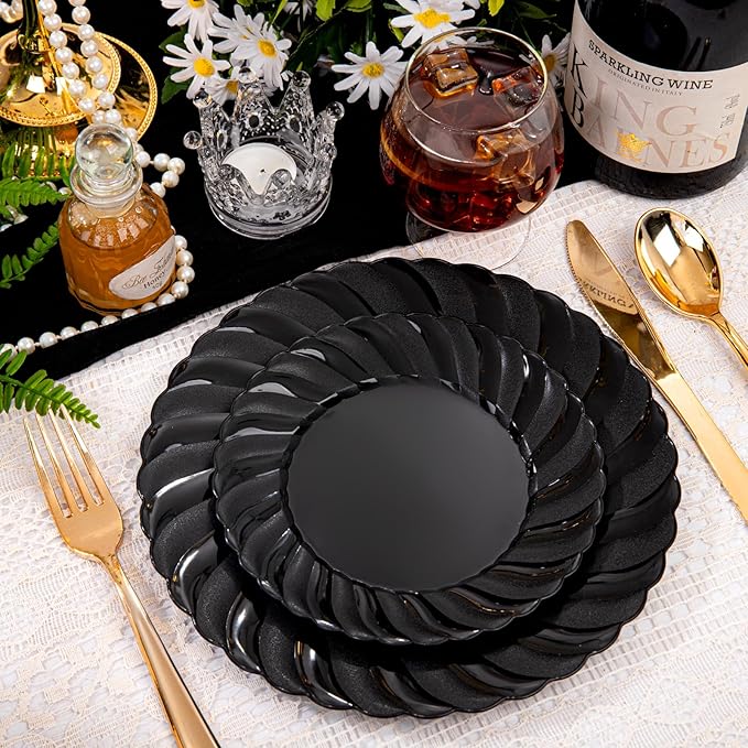 U-QE 100PCS Black Plastic Plates Heavy Duty Black Disposable Plates Including 50PCS 9inch Dinner Plates &amp 50PCS 6.5inch Dessert Plates -Hard Plastic Plates for Party Wedding Bridal Shower