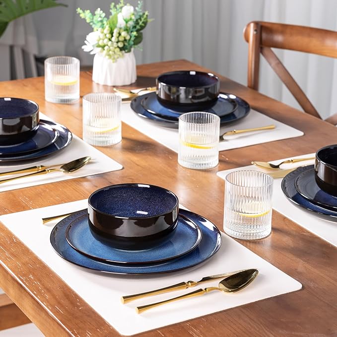 LERATIO Ceramic Dinnerware Sets for 412 Pieces Poreclain Plates and Bowls SetsScratch Resistant DishesDishwasher &amp Microwave SafeOven Safe Dishes SetService for 4 - Blue