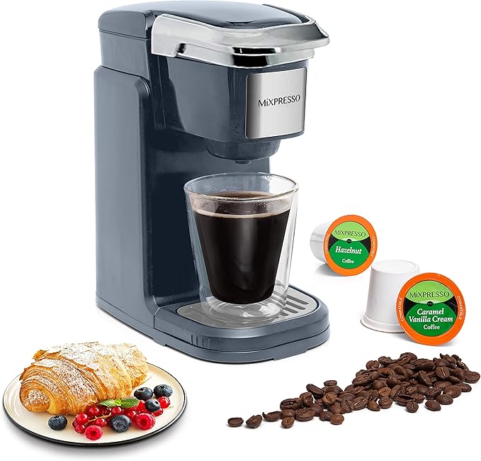 Mixpresso Single Cup Coffee Brewer - Quick Brew One Touch Function 12oz One Cup Grey Coffee Maker