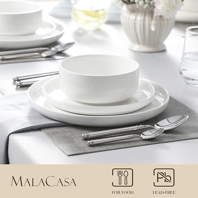 MALACASA Plates and Bowls Sets bundle with 2.5 OZ Porcelain Espresso Cups with Saucers and Metal Stand Set of 4 12 Pieces Porcelain Dinnerware Sets Dishware Sets