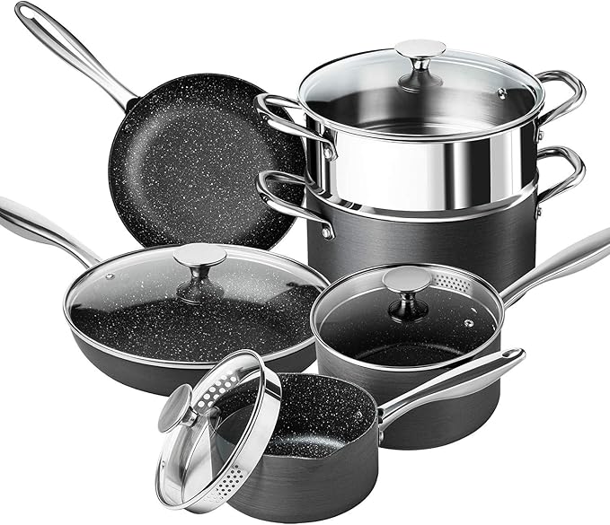MICHELANGELO Hard Anodized Cookware Set - 10 Pcs Non Stick Pots and Pans Set with Granite Interior Induction Cookware Set with Steamer Insert