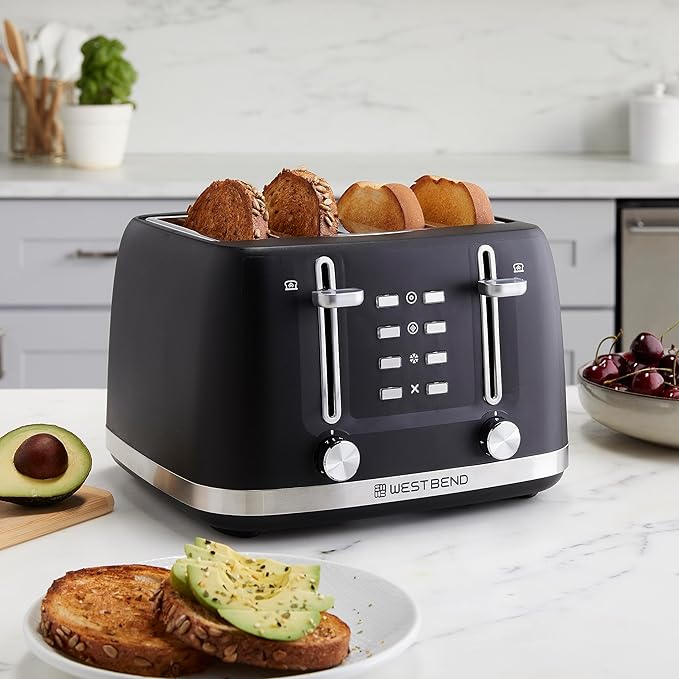 West Bend Toaster 4-Slice Extra-Wide and Deep Slots with 3 Functions and 7 Shade Settings Manual Toast Lift Lever Auto Shut-Off and Removable Crumb Tray 1500-Watts Black