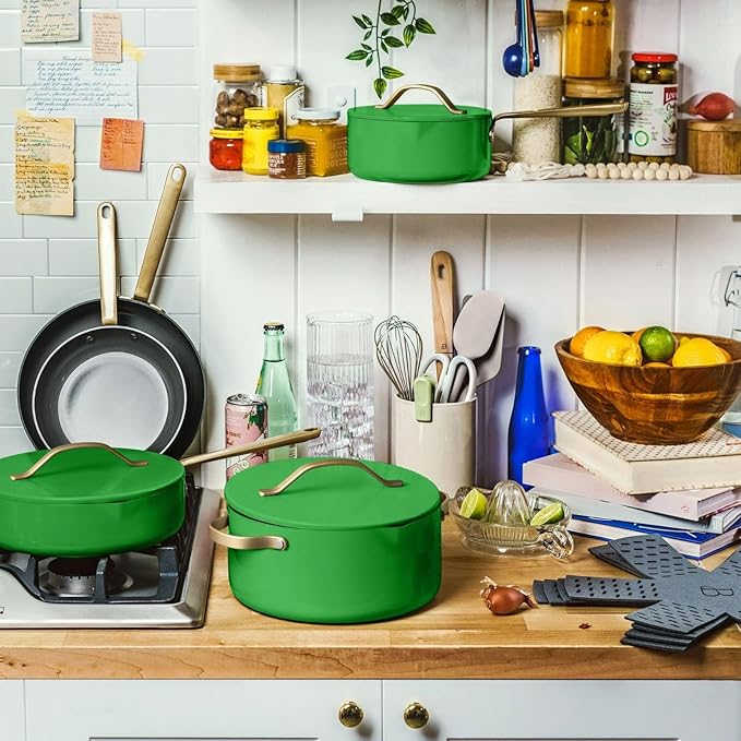 Pans12pc Ceramic Non-Stick Cookware Set by Drew Barrymore Pots &amp Pans with Lids Dishwasher‑SafeSoft‑Touch Handles Even‑Heat Base. (Kelly Green)