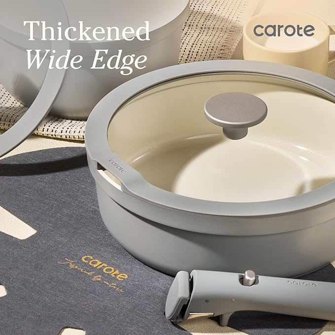 Carote 20pcs Ceramic Cookware Set with Detachable Handles Pots and Pans Set Non Stick RV Kitchen Cooking Pot and Pan Dishwasher Safe Non-toxic Induction Cookware PFAS and PFOA Free Grey
