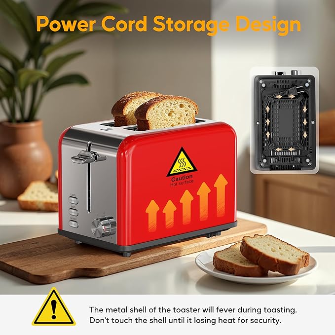 HealSmart 2-Slice Stainless Steel Toaster 6 Browning Setting and 3 Function Toaster Extra Wide Slot &amp Removable Crumb Tray for Bread &amp Waffle Red