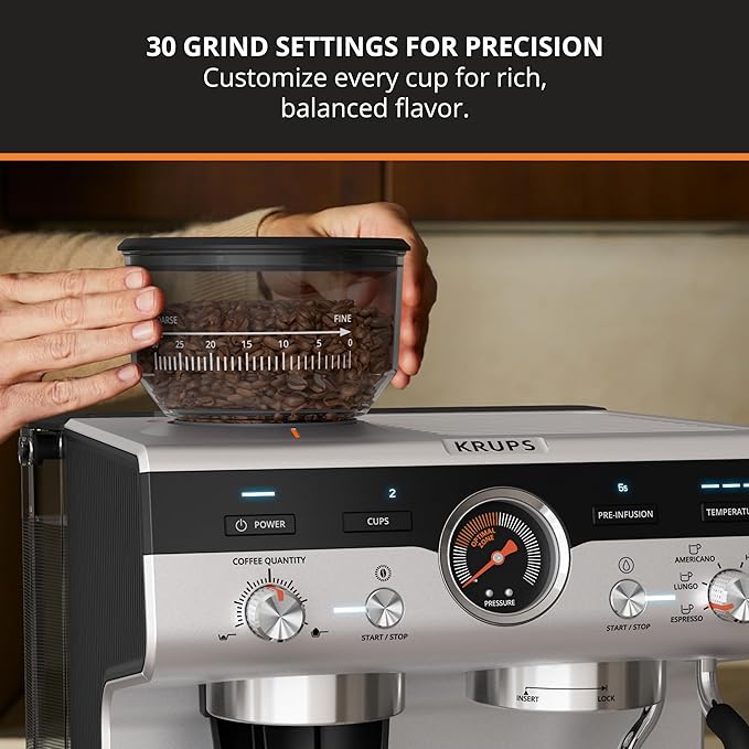 KRUPS Precision Espresso Coffee Machine with Grinder Latte &amp Cappuccino Maker Pump Pressure + Milk Frother Steam Wand Adjustable Grind Settings for Barista-Quality Results Stainless Steel &amp