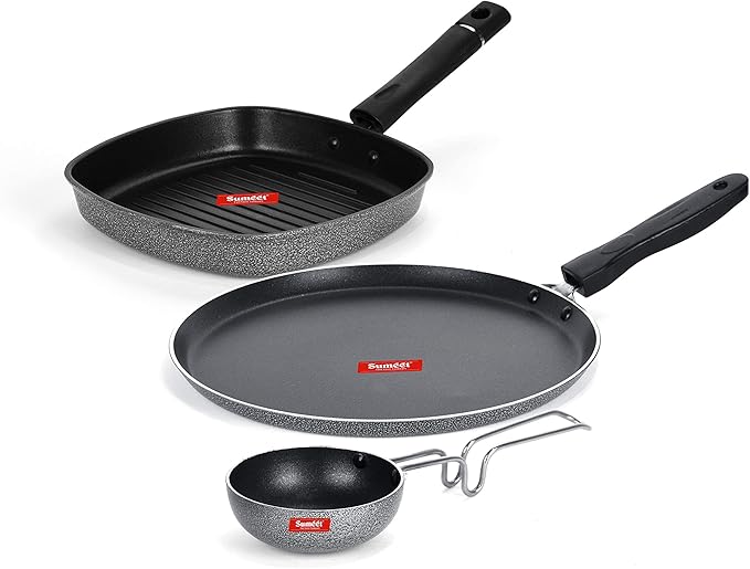 SUMEET NonStick Grau Aluminium Cookware Set (Dosa Tawa - 26.5Cm Grill Pan-22cm Waghariya/Tadka pan - 190Ml - 10Cm) - Silver