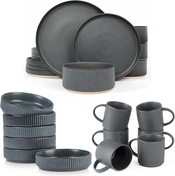 Famiware Dinnerware Set for 4 (12 Piece) and Coffee Mug Set for 6 (12 oz) - Matte Dark Charcoal