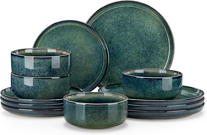 vancasso Starry 12 Pieces Dinnerware Sets for 4 Green Reactive Glaze Dishes Sets Ceramic Plates and Bowls Set Dinner Salad Dessert Plates and Cereal Bowls Set Dishwasher and Microwave Safe