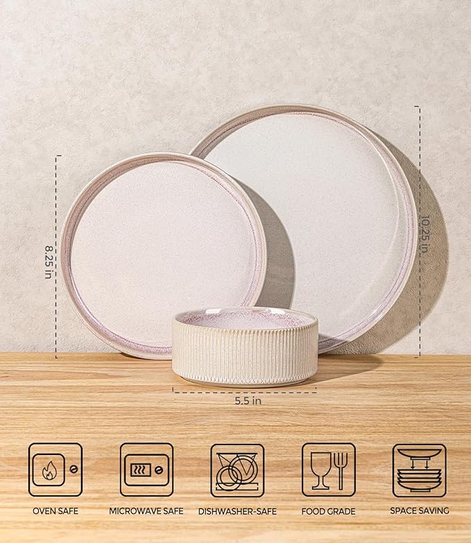 TheTerra Ceramic Dinnerware Sets for 4 12 Pieces Porcelain Lightweight Plates and Bowls Sets Scratch Resistant Dish Set Oven &amp Microwave &amp Dishwasher Safe Primrose Pink