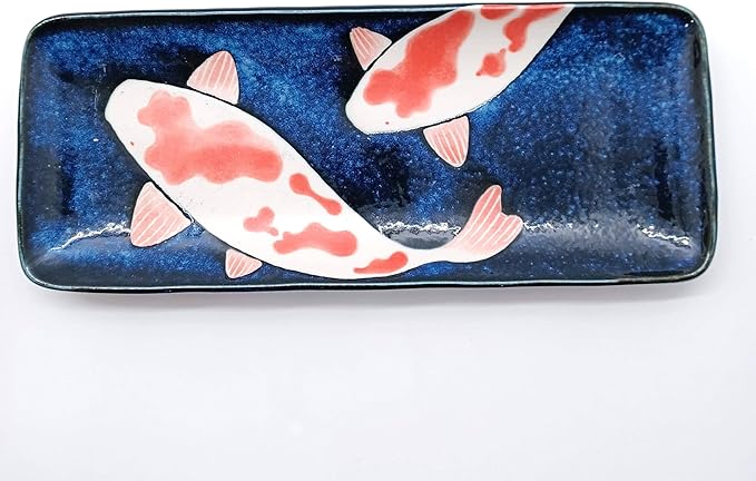 Made in Japan Koi Fish Ceramic Dinnerware Set – 6-Piece Blue &amp Red Plates and Bowls | Hand-Painted Carp Motif | Dishwasher Safe | Japanese Tableware Gift Set