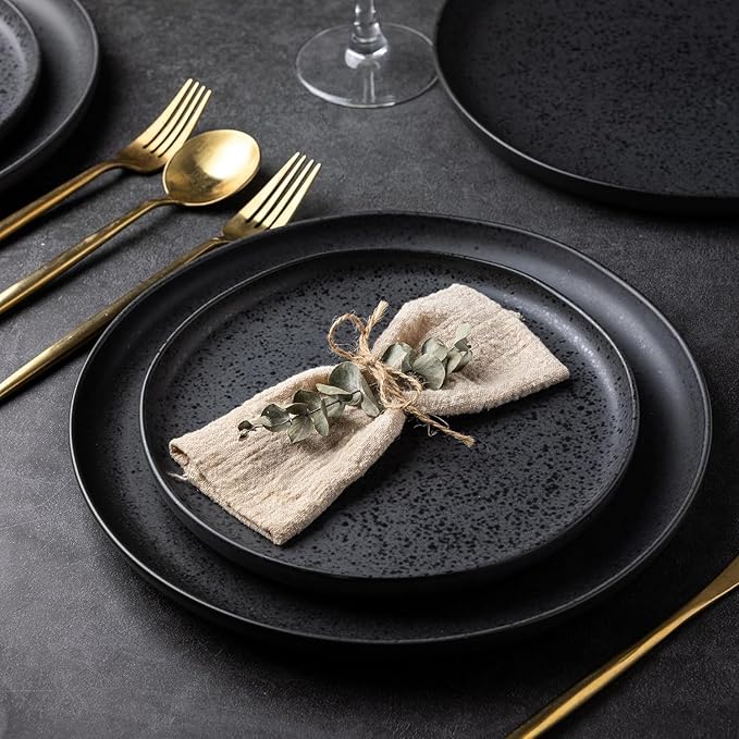 AmorArc Ceramic Dinnerware Sets Wavy Rim Stoneware Plates and Bowls SetsDishwasher &amp Microwave &amp Oven Safe Dishes set Service for 4 (12pc)-Charcoal Matte