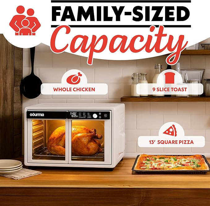 Gourmia French Door Air Fryer Oven - 37 Qt Large Capacity Convection Toaster Oven FryForce 360° Digital Display 12 Cooking Presets Dehydrate Fits 13” Pizza Dishwasher-Safe White