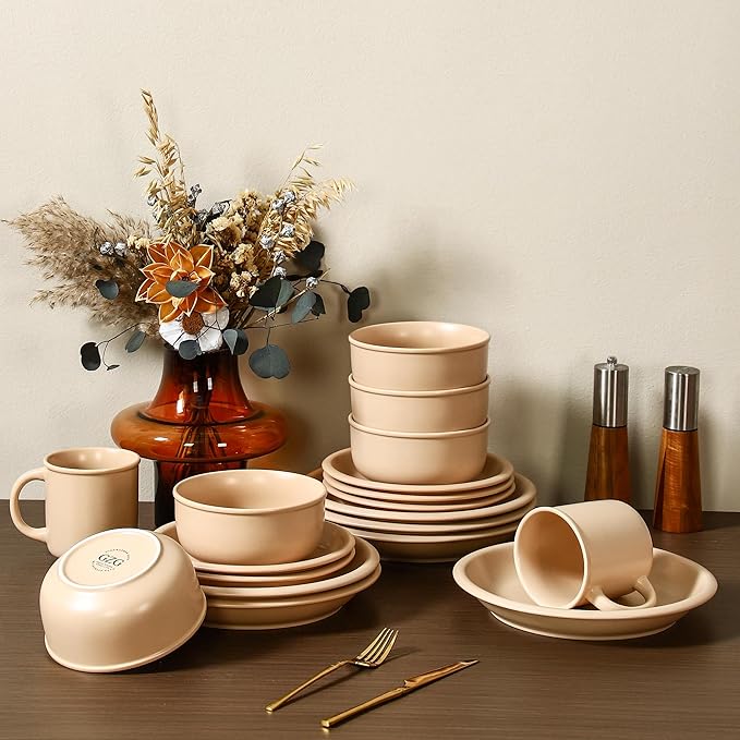 GZG Vintage Series - Ceramic Dinnerware Set for 4 12 Pieces Stoneware Plates and Bowls Set Lead-Free Handcrafted Dishes Set Microwave &amp Dishwasher Safe - Warm Apricot
