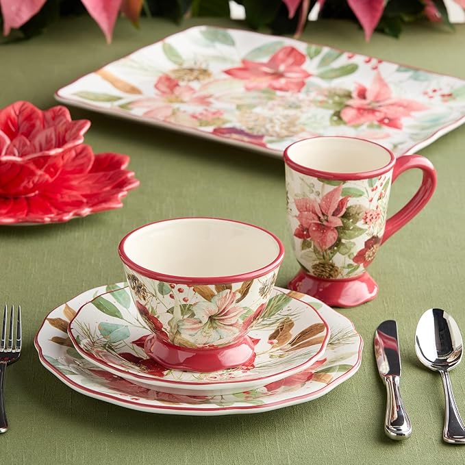 Winter Blooms 16-Piece Romantic Holiday Dinnerware Set – Elegant Floral Plates Mugs &amp Bowls for 4 – Dishwasher &amp Microwave Safe Christmas Tableware with Poinsettia Charm