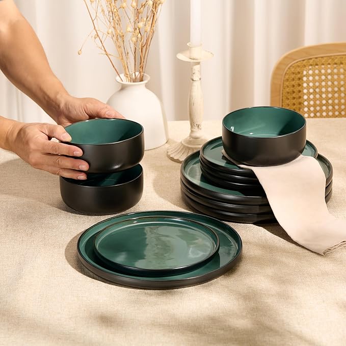 Dinnerware Set 12 Piece Service for 4 Vase and Vessel Ceramic 10.5” Dinner Plates 8.2” Salad Plates and 20 oz Bowls Stoneware Somerset Collection (Black/Jade)
