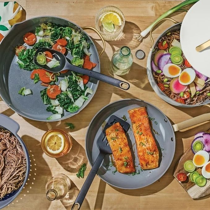 Pans 12pc Ceramic Non-Stick Cookware Set by Drew Barrymore Pots &amp Pans with Lids Dishwasher‑SafeSoft‑Touch Handles Even‑Heat Base. (White Icing)
