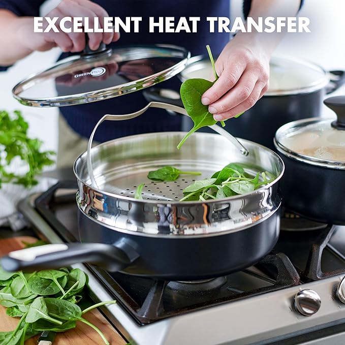 GreenPan Rio Healthy Ceramic Nonstick 16 Piece Cookware Pots and Pans Set PFAS-Free &amp Rio Healthy Ceramic Nonstick 8 and 10 Frying Pan Skillet Set PFAS-Free Dishwasher Safe Black