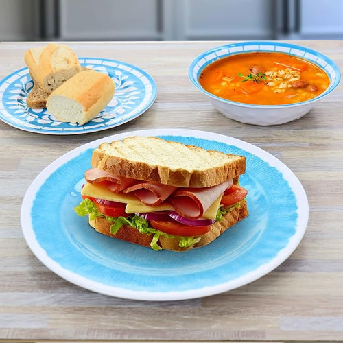 12 Piece Melamine Dinnerware Set for 4 – Lightweight Unbreakable Plates and Bowls in Teal and Blue – Outdoor Indoor Dinnerware for Camping Patio &amp Everyday Use (Teal)